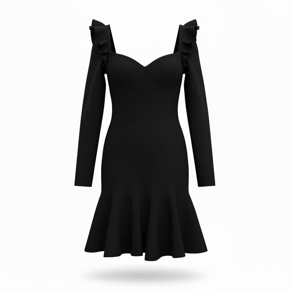 Express Body Contour Black Long Sleeve Ruffle Shoulder Mini Dress Y2K Party M